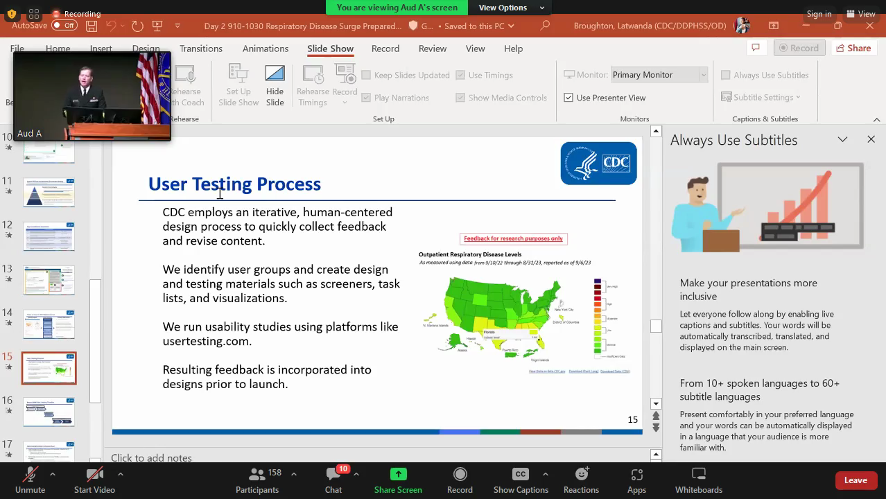 screenshot of PowerPoint presentation about CDC's respiratory diseases website